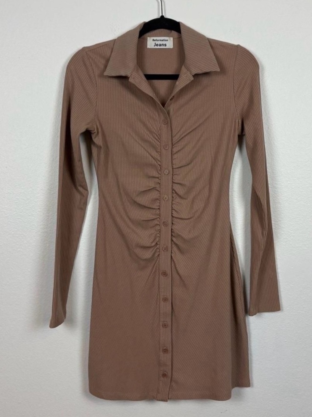 Reformation Button-Front Ribbed Mini Dress in Camel - Picture 2 of 4